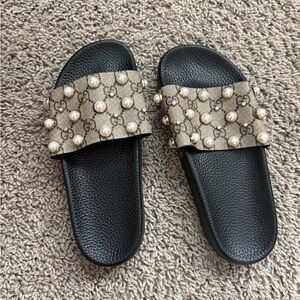 Designer Black and Beige Pearl Embellished Slides